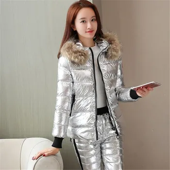 

2 Piece Set Women Tracksuit Winter Fashion Large Fur Collar Hooded Jacket Coat+Pants Suits Female Warm Down Cotton Sets DS50954