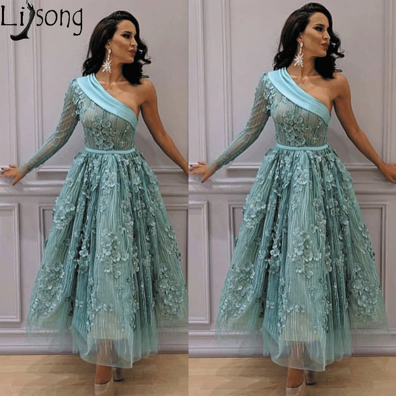 

Turquoise Blue 3D Flowers Prom Dresses Short 2020 Arabic Elegant One Shoulder Lace Appliqued Graduation Dresses Robe de soiree