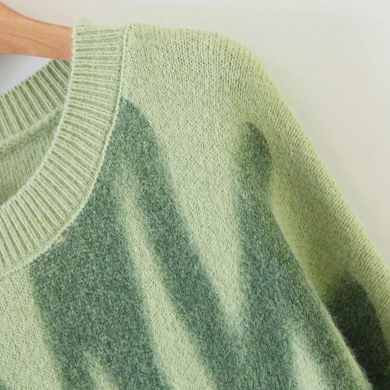 Green Print Knitted Sweater Women Vintage Green Striped Sweater Oversized Pullovers Women Streetwear Loose Long Sweaters Sueter