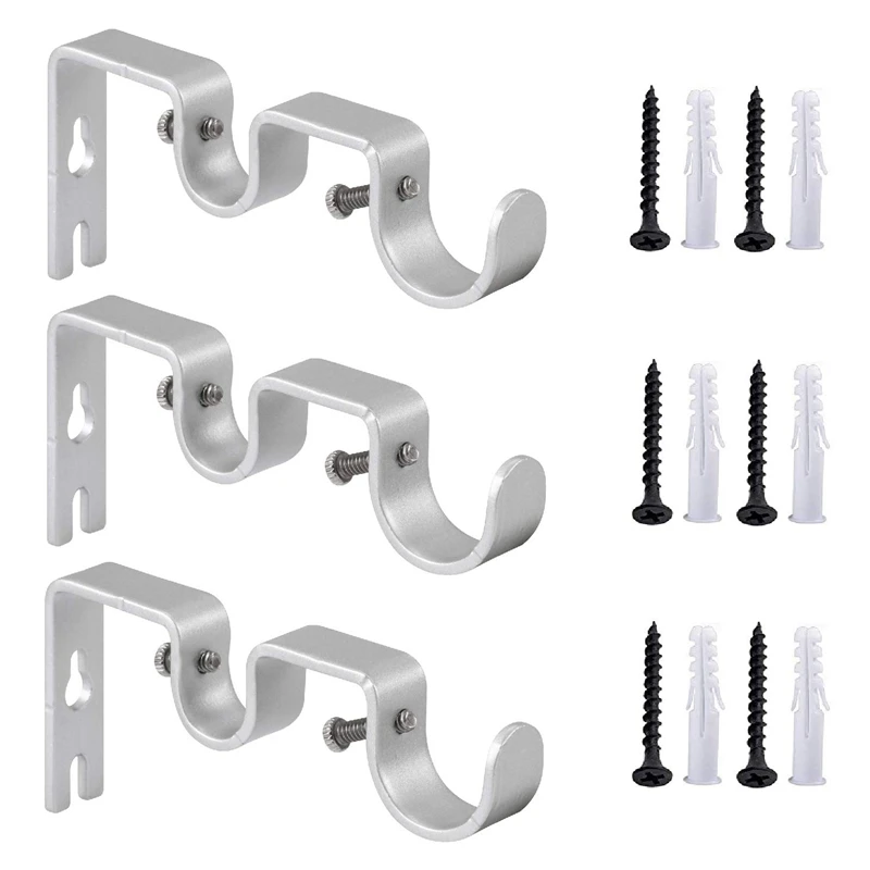 New-3Pcs/Set Curtain Rod Brackets Heavy Duty Double Rod Holders Durable Metal Curtain Rod Wall Brackets with Screw Silver