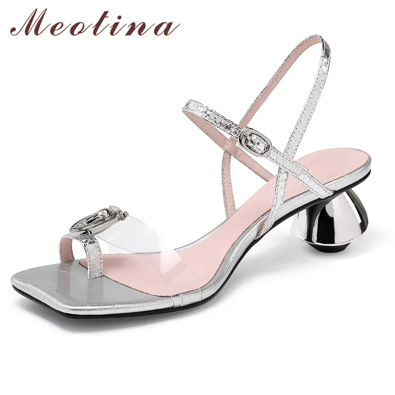 

Meotina Flip Flops Transparent Mid Heel Sandals Metal Decoration Women Shoes Square Toe Strange Style Footwear Lady Big Size 42