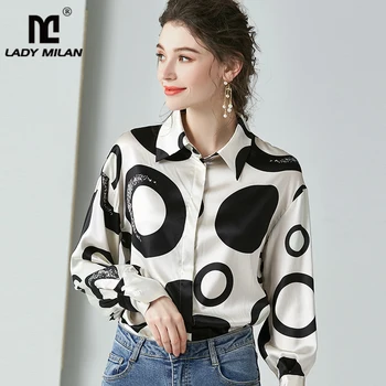 

100% Pure Silk Satin Women's Shirts Turn Down Collar Long Sleeves Printed Elegant Runway Blouse Shirt