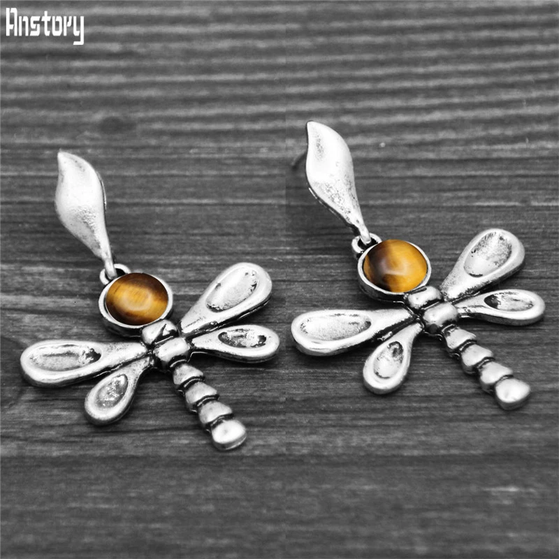 Natural Tiger Eye ВИНТАЖНЫЕ КВАРЦЕВЫЕ серьги-гвоздики со стрекозой Tige Eey для женщин, антикварный покрытый серебром натуральный Lapis Unakite, модные серьги-гвоздики - Окраска металла: Natural Tiger Eye