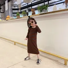 Новое поступление Платье с длинными рукавами для девочек; модные детские платья в полоску, платья для девочек длинные стильные платья