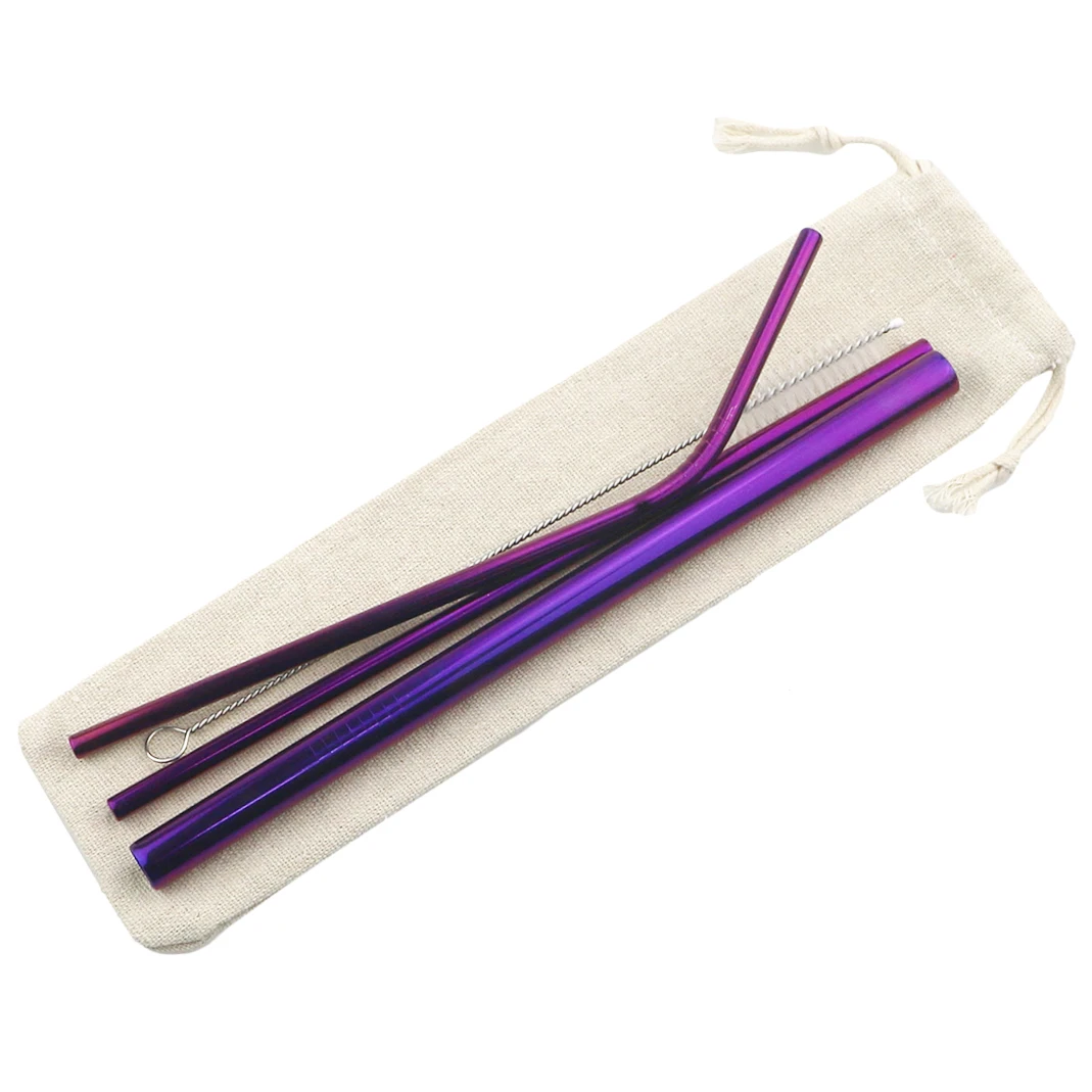 5pcs purple 5 шт., металлическая соломинка для питья, высокое качество, 304 нержавеющая сталь, соломинка, цветная многоразовая соломинка для смузи, сока, с чистящей щеткой - Цвет: 5pcs purple