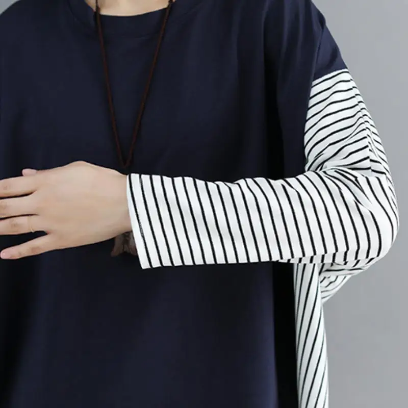 Плюс размер полосатая футболка в стиле пэчворк футболка с длинным рукавом для женщин Modis футболка Топы в Корейском стиле стежка Vogue Женская Футболка Пуловер