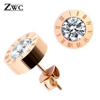 

ZWC Fashion High Quality Zircon Roman Numeral Stud Earrings for Women Party Titanium Steel Rose Gold Crystal Earrings Jewelry