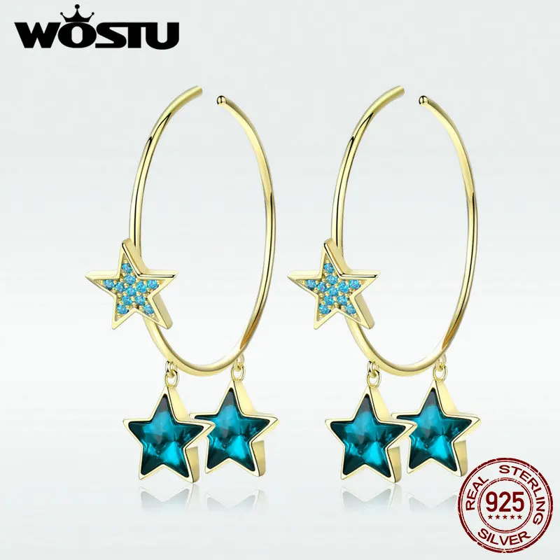 WOSTU, большие серьги-капли, Настоящее 925 пробы, серебряные мистические синие звезды, уникальный дизайн, серьги для женщин, свадебный подарок, BKE689