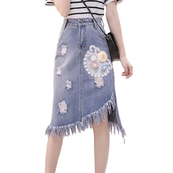 

2020 spring women denim skirt high waist embroidery tassel skirt slim female autumn asymmetry hole A-line long jeans skirts 3232