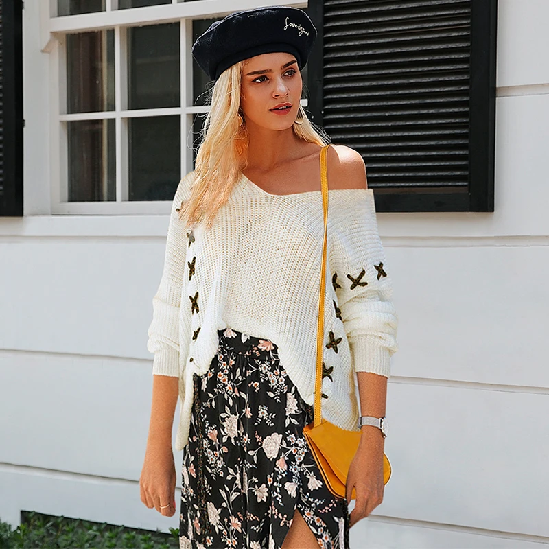 

Simplee Drawstring cross lace up women knitted sweater Plus size batwing sleeve casual pullovers Autumn winter tops streetwear