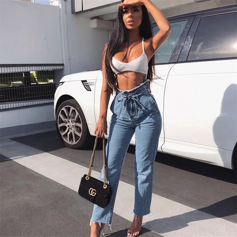 2019 Spring Summer Women's Straight Slim Mom Jeans Raw-cut High Waist Buds Belt Black Blue Korean Vintage Women Trousers Denim |