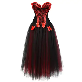 

Grebrafan Medieval Women Lace up Corset Halloween Party with Layered Princess Mesh Tulle Long Skirt