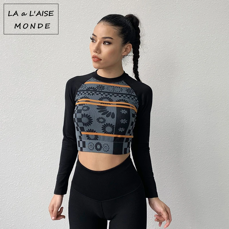 Women Yoga Top Gym Clothing Print Tops Workout Sport Suit Women Long