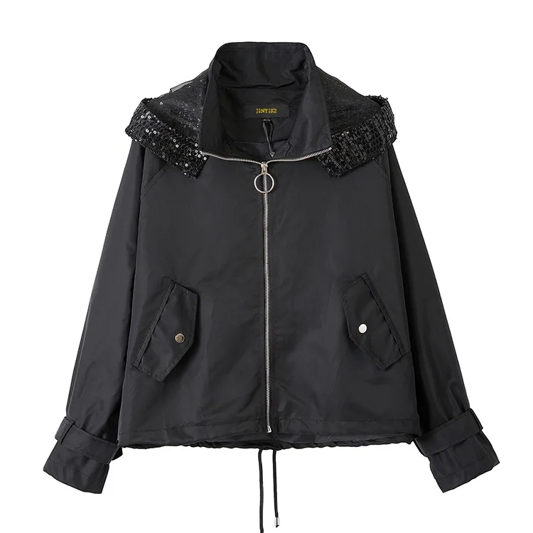 

Uq56 WOMEN'S Dress-Style Sequin Detachable Hat Loose-Fit Raglan Sleeve Casual Cropped Jacket