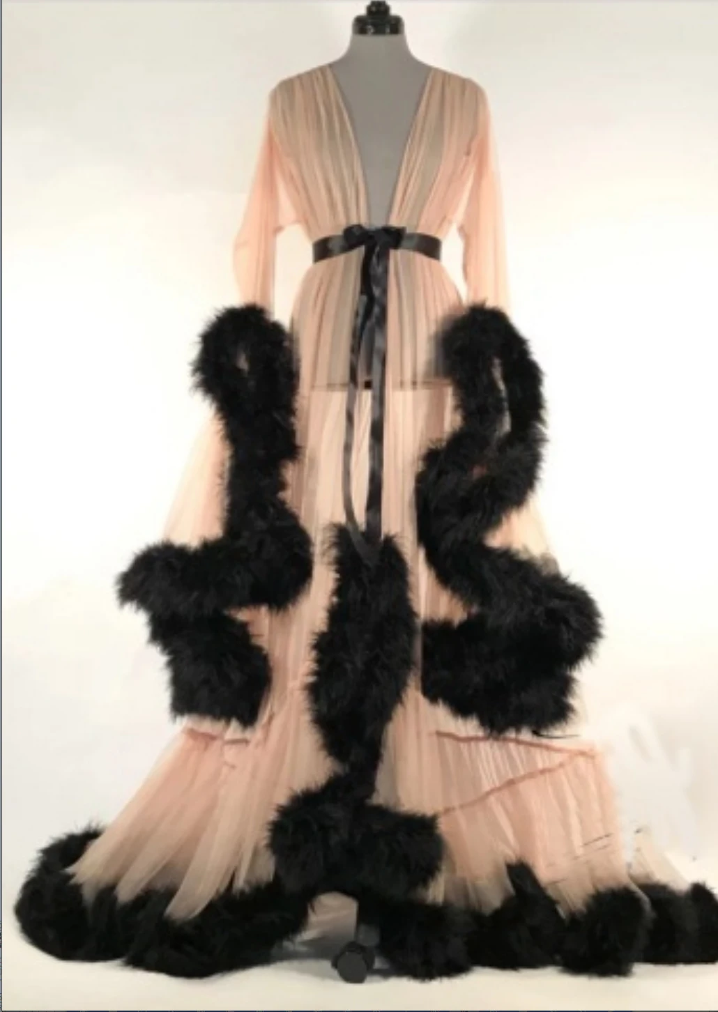 Женские свободные с длинным рукавом халаты Для женщин кружева сетчатый, с перьями в стиле пэчворк одежда для сна халаты сексуальное женское белье Ночная Одежда для новорожденных Халат - Цвет: Черный