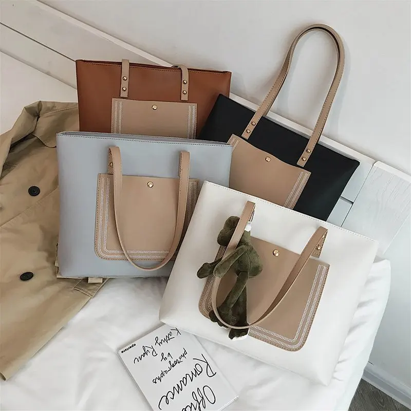 

Fashion Leather Tote Bag Handbags for Female Large Shoulder Bag Splicing Color 2 Belts PU Leather Casual Shopping Traveling Bags