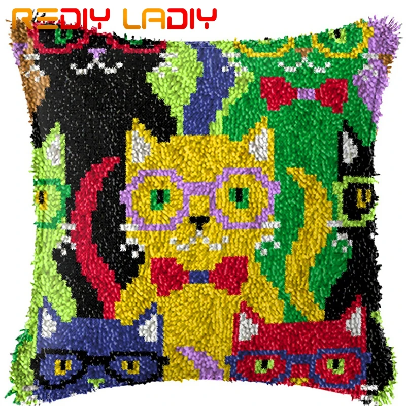 Latch Hook Kits Make Your Own Cushion Mr. Kittens Printed Canvas Crocheted Pillow Case Latch