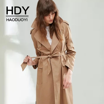 

HDY Haoduoyi Autumn Fashion Women windbreaker Vintage Washed Outwears Loose Coat Slim Waist All-match Casual Femme Trench Coat