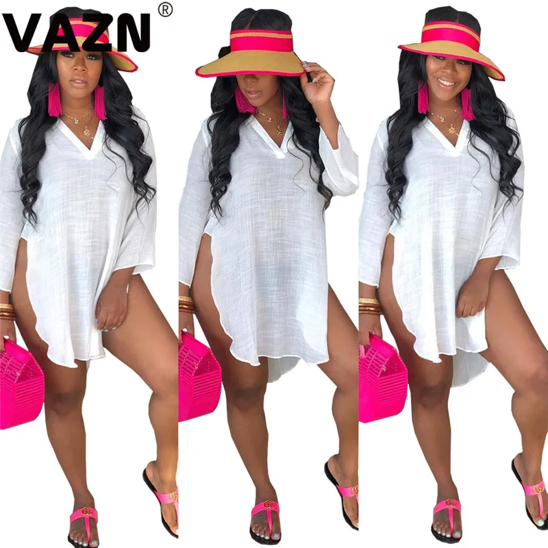 VAZN GCQ15233 top design 2019 summer sexy lady white long shirts full sleeve pullover solid side vent shirt women casual | Женская