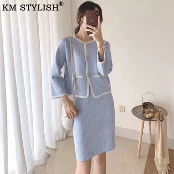 

Women's Knit Casual Sets Elegant Sweater Plaid Cardigan Jacket Skirt Two-piece Knitted Sets Suit