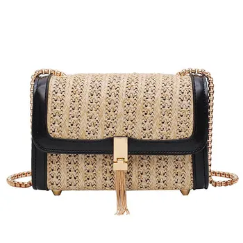 

Fashion Casual Woman Straw Crossbody Bag Ladies Small Shoulder Tassel Summer Beach Bag Flap Leather Rattan Bag for Women Purse