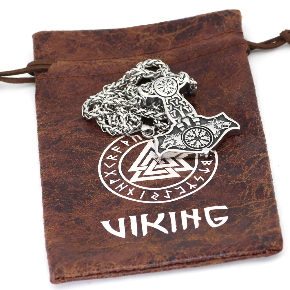 Скандинавский Викинг из нержавеющей стали Тор молот Мьёльнир odin wolf vegvisir кулон ожерелье с валкнутом подарочный пакет