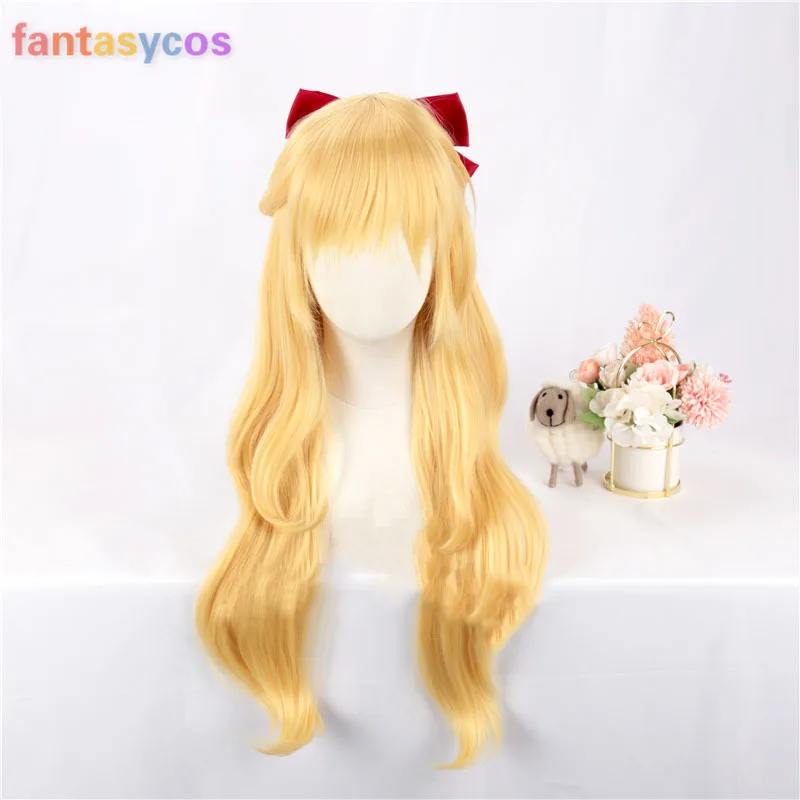 

Sailor Venus Cosplay Wigs Minako Aino Cosplay Wig Golden Long 80cm Curly Heat Resistant Synthetic Hair With Red Bow + wig cap