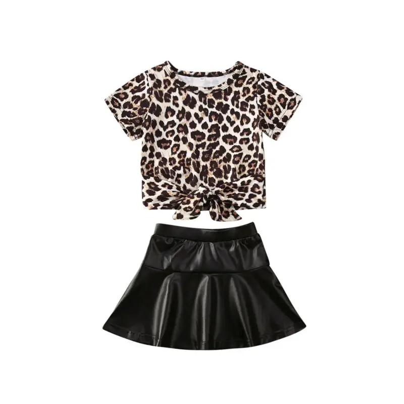 

2020 Summer Toddler Kids Baby Girls Leopard Short Sleeve T-shirt Tops+ Leather Skirts 2Pcs Outfits Clothes 1-5T