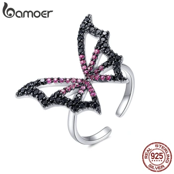 

bamoer GAR072 Real 925 Sterling Silver Ring Butterfly Elf Zircon Adjustable Finger Rings Dark Punk Fashionable Design for Women