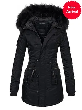 

Women Winter Gothic Thicken Warm Cotton Coat Long Black Fake Fur Hooded Parkas Female Casual Plus Size Overcoat Basic Outwear