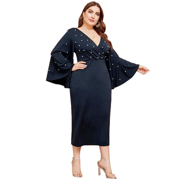 

Large Size Autumn Dress Women Long Sleeve Dress OL Bead Dresses V Neck Flare Sleeves Vestidos De Fiesta Wholesale Dropshipping