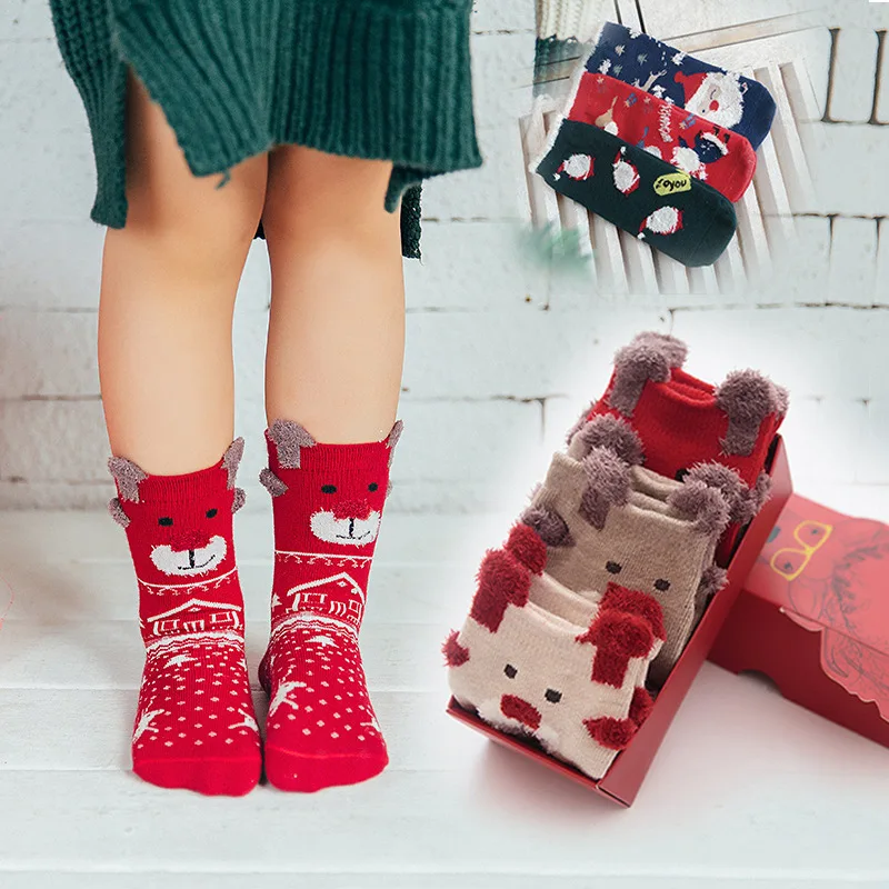 

3 Pairs of Gift Box Children's Christmas Stocking Cartoon Cute Boys and Girls Middle Autumn and Winter Red Socks Christmas Kids
