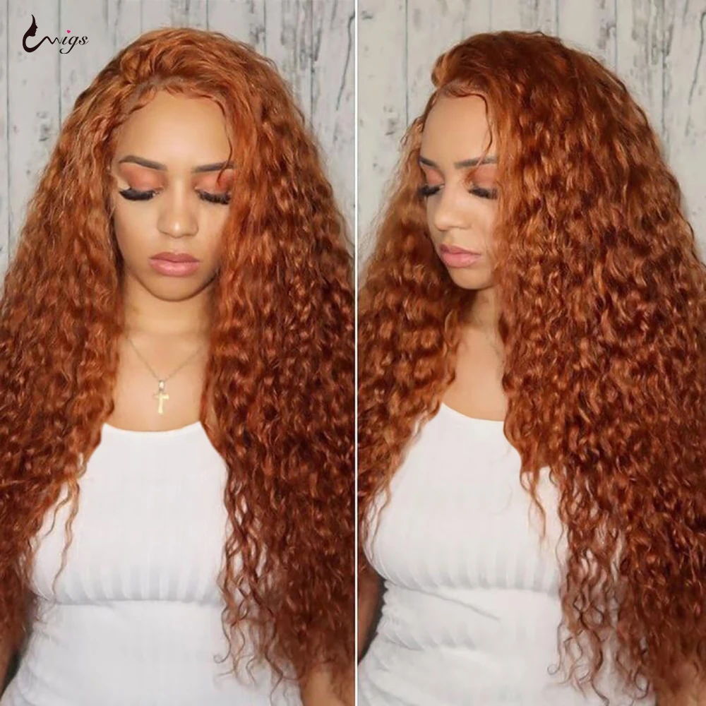 Uwigs Ginger Orange Lace Front Wig Curly Human Hair Wig Colored Human