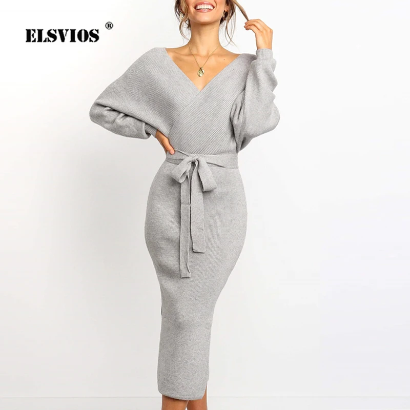 ELSVIOS, осенне-зимнее вязаное платье, женское, сексуальное, двойное, v-образный вырез, открытая спина, облегающее, вечерние, платье с длинным рукавом, на шнуровке, теплое платье-свитер