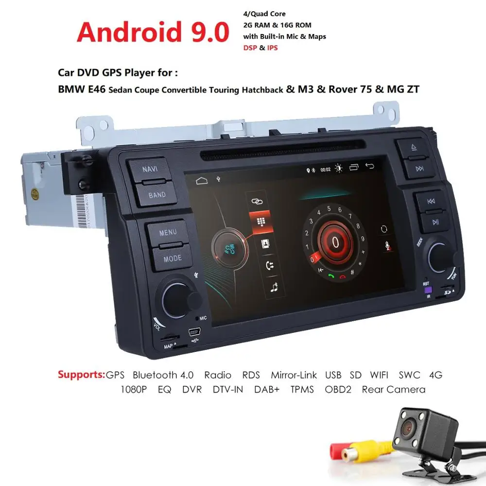 Clearance Ossuret Android 9.0 1Din QuadCore 2GRAM+16GROM 7Inch Touchscreen Car Player for BMW E46 318 320 M3 3series Car DVD Stereo RDS BT 2