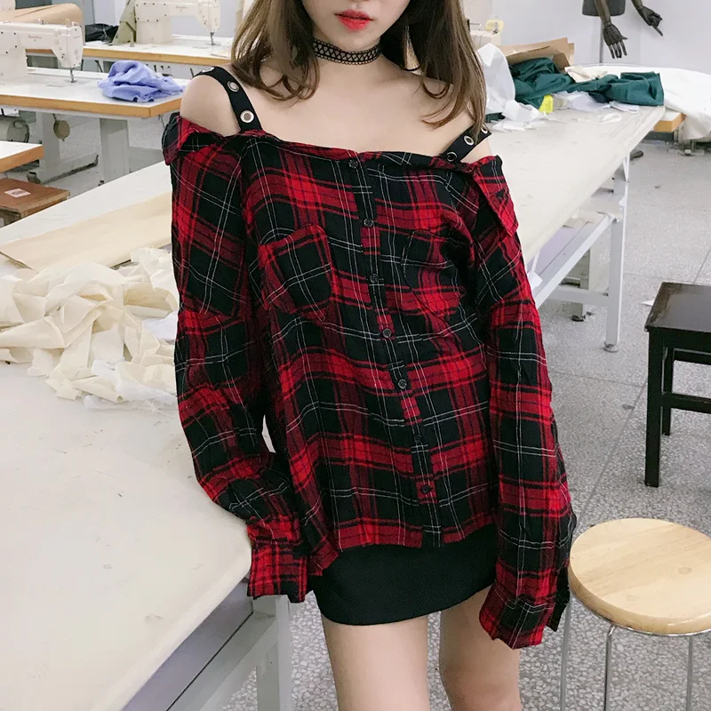 Harajuku рубашка Женская Повседневная винтажная черная красная клетчатая с бретельками сексуальная с открытыми плечами свободные панк блузки в готическом стиле уличная одежда топы