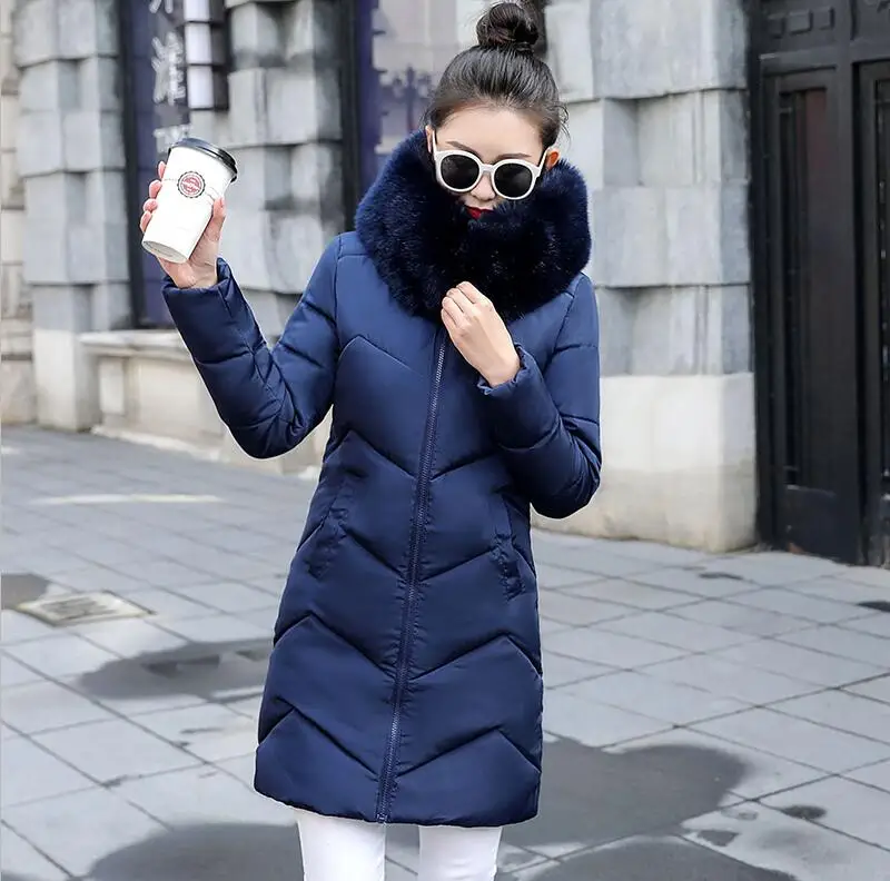 Новинка, зимняя женская куртка с меховым воротником, Дамское зимнее пальто с капюшоном, теплая длинная верхняя одежда, зимняя хлопковая куртка, женские теплые парки - Цвет: Navy blue 1