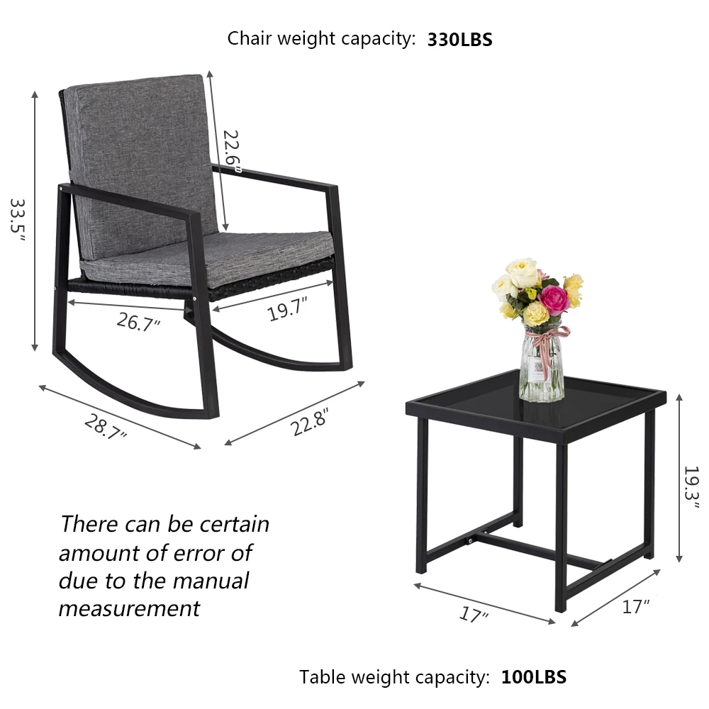 【US Warehouse】3 PCS Rocking Chairs Set Outdoor Patio Furniture with Glass Coffee Table (Black) (Outdoor rattan sofa 【US Warehouse】3 PCS Rocking Chairs Set Outdoor Patio Furniture with Glass Coffee Table (Black) (Outdoor rattan sofa