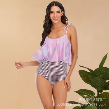 

2020 New Ruffles Swimsuit European and American Women's Belly Covering High Waist Swimsuit Tie-Dye Bikini