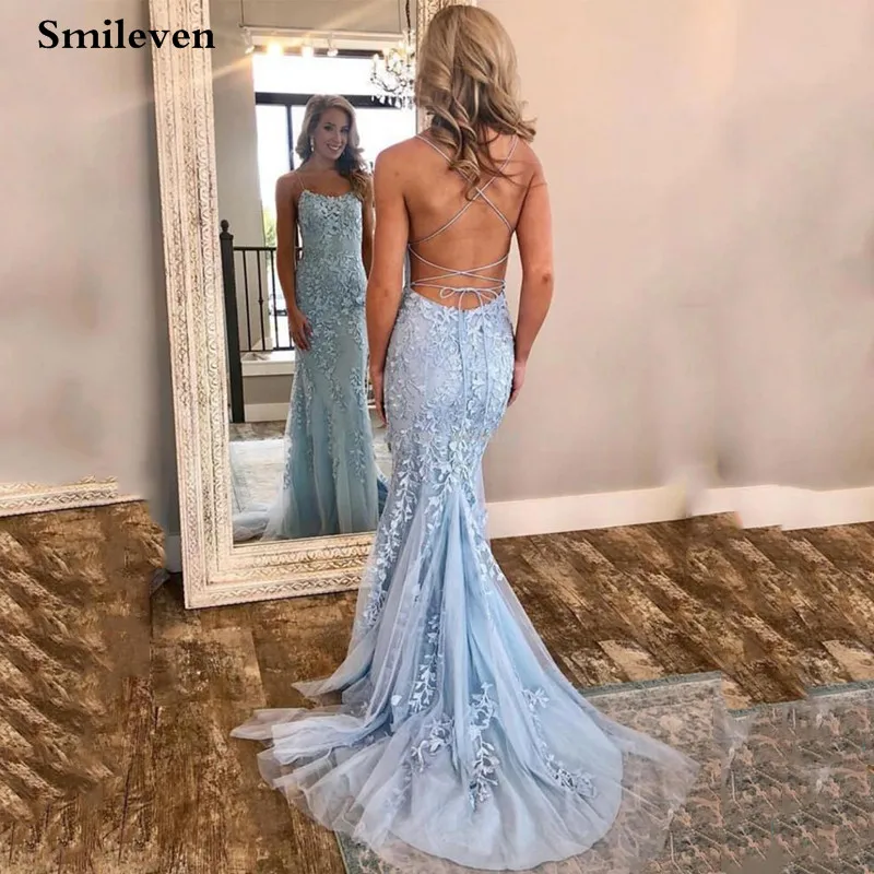 

Light Sky Blue Lace Mermaid Prom Dresses Spaghetti Straps Appliques Tulle Long Backless Evening Gowns Formal Formal Party Gowns