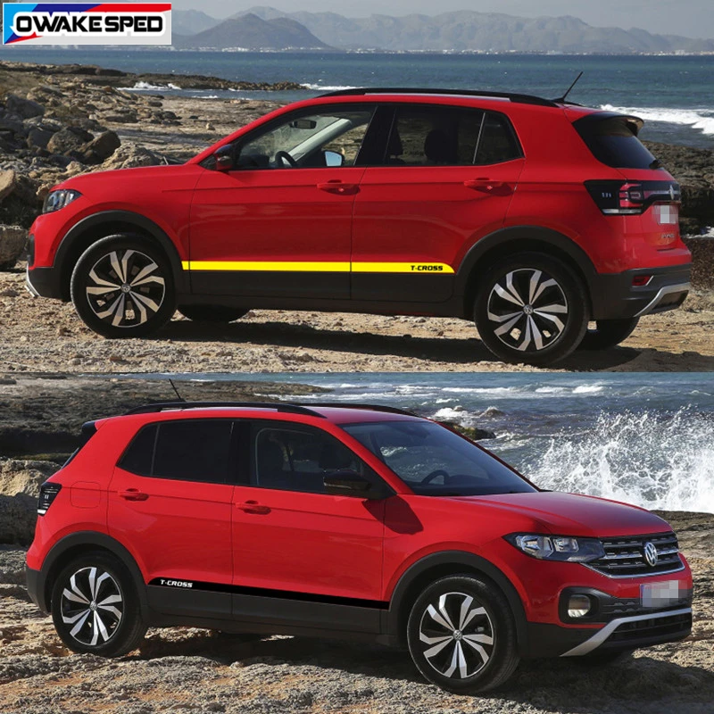 Carbon Fiber Sport Stripes Car Door Side Skirt Sticker For Volkswagen-VW T-cross R line Both Side Auto Body Decor Vinyl Decals (1)