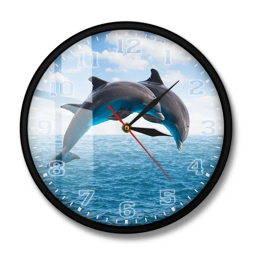 Two Jumping Dolphins Seascape Blue Wall Clock Deep Ocean Waters With Porpoise Silent Movement Wall Watch Sea Animals Wall Art 3
