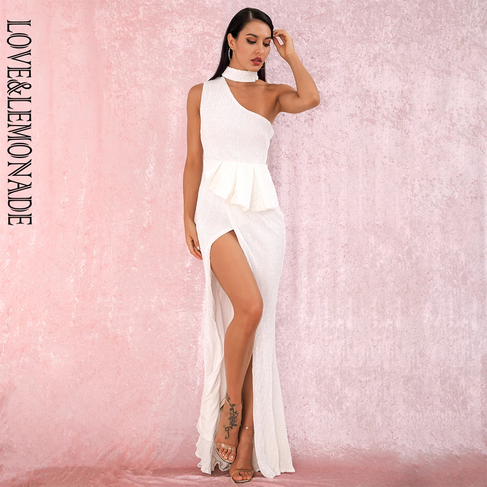 LOVE& LEMONADE A/W сексуальные белые Холтер без бретелек плечи Раффлед Сплит эластичные Блестки без рукавов вечерние платья макси LM81953