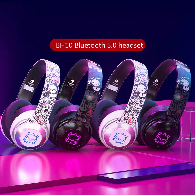 New BH10 Printed version wireless Bluetooth 5.0 headset HiFi stereo music foldable LED cartoon headset wired gaming headset
