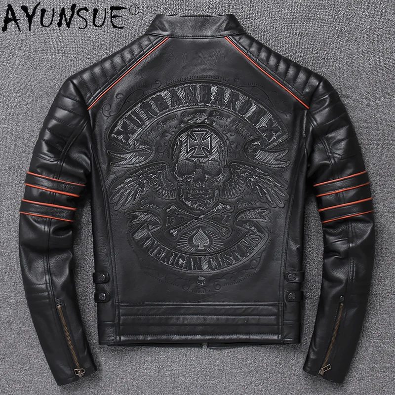 

AYUNSUE Cow Genuine Leather Jacket Men Clothing Motorcycle Men's Jackets 5XL 2020 Mens Clothes Skull Embroidery Coat Ropa LXR434