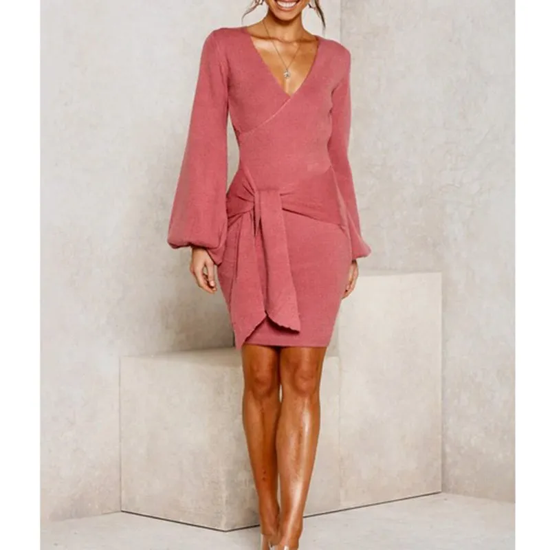 

Fall Winter New Women With Belt Wrap Mini Dress V Neck Long Sleeve Sweater Dress Sexy Club Female Sexy Knitted Bodycon Dress