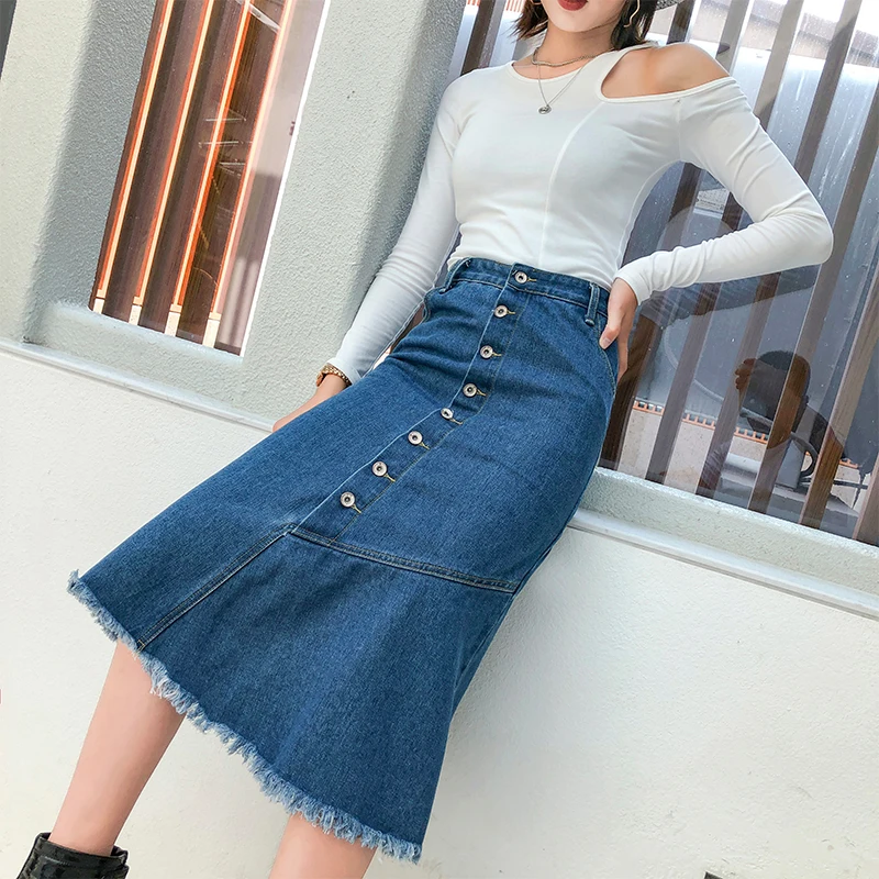 

New Women Plus Size Denim Skirt Button Front Casual High Waist A-Line Washed Long Vintage Jean Skirt