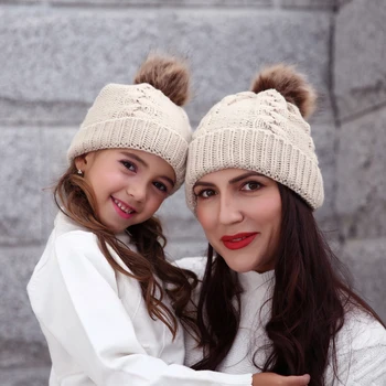 

2Pcs Mother Kid Baby Child Hats Warm Winter Knit Beanie Cute Winter Mom Baby Hats Crochet Cap
