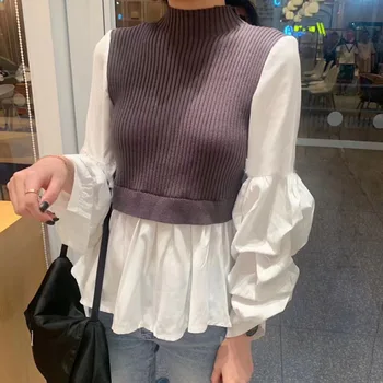

TVVOVVIN Women Knitting Spliced Hit Color Blouse New Lapel Long Sleeve Loose Fit Shirt Fashion Tide Spring Autumn 2020 Z016