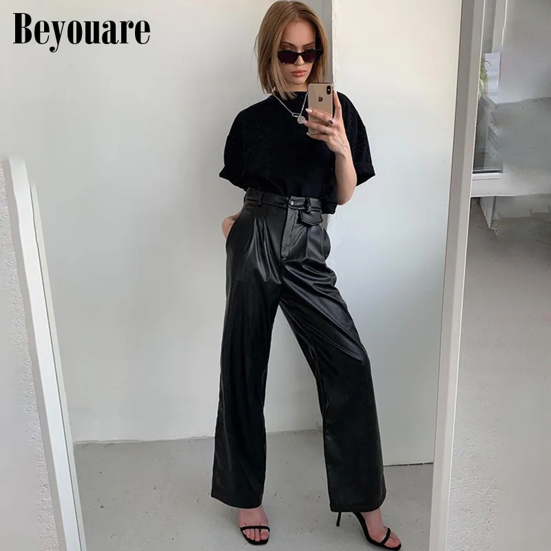 

Beyouare 2020 Autumn New Vintage High Waist Straight Wide Legs Women PU Faux Leather Trousers Button Pockets Pants Elegant Pants